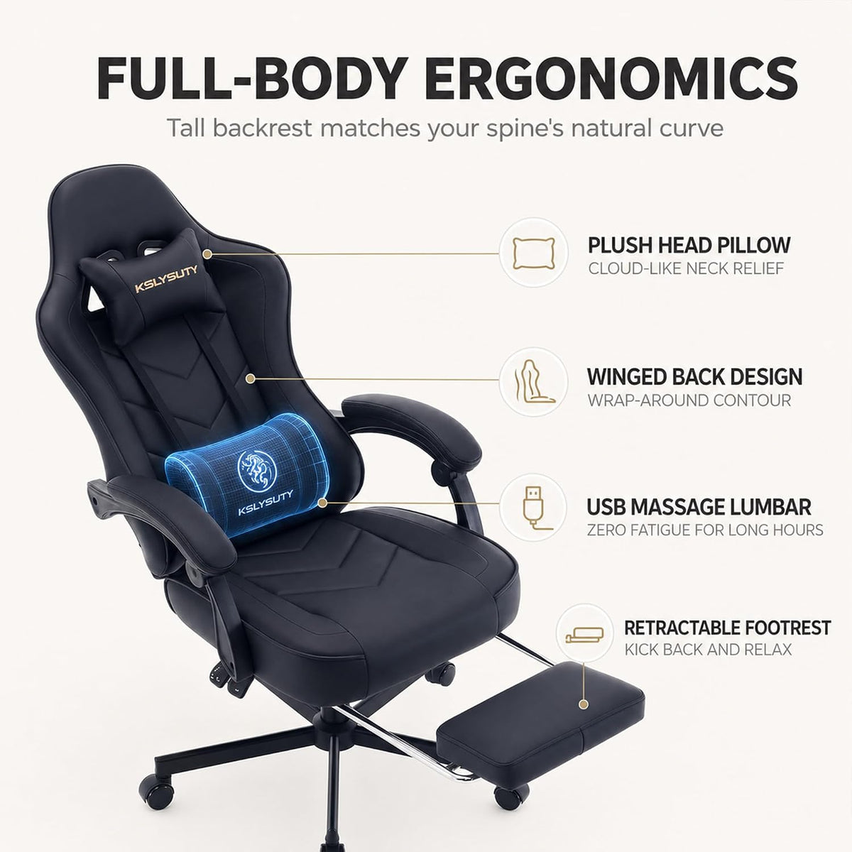 Office Desk Computer Gaming Chair for Adults, Ergonomic High Back Gamer Chair with Massage and Pocket Spring Cushion, Swivel Comfy Video Game Chairs with Footrest and Lumbar Support (Black)
