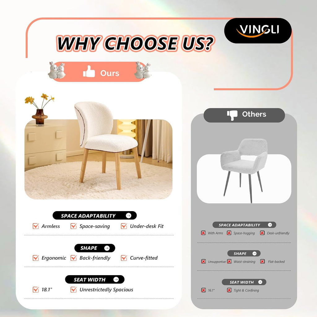 VINGLI Chenille Curved-Back Armless No Wheels Vanity Chair for Girls, Cute & Furry Upholstered Desk Chair with Solid Wood Legs for Study/Makeup/Bedroom/Dressing, Fluffy Makeup Chair for Teens, White