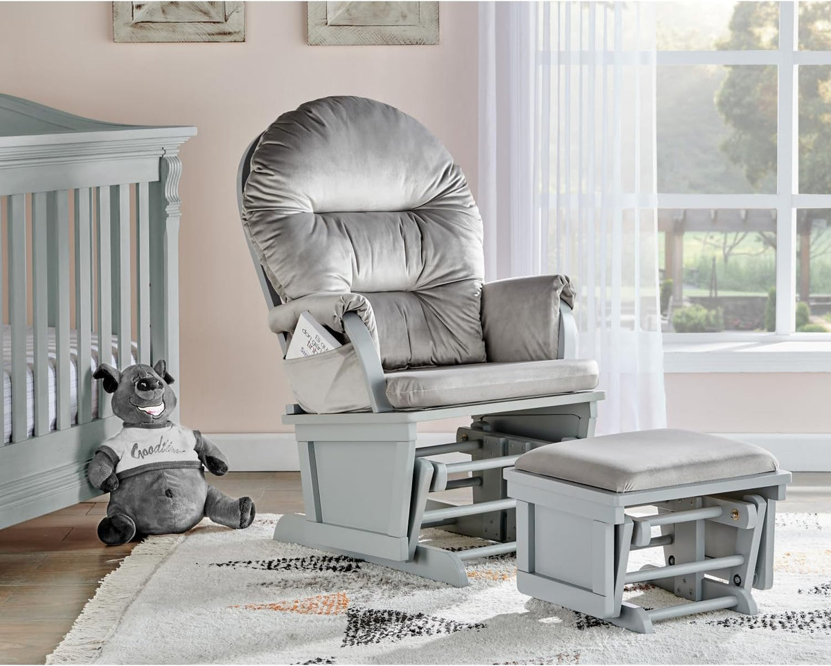 Madison Glider and Ottoman: Gray Wood & Light Gray Fabric