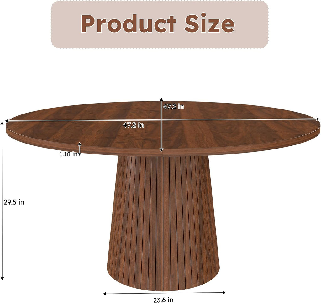 47" Round Dining Table for 4, Modern Farmhouse Kitchen Table with Wood Strip Base, Walnut Finish Circle Tables for Kitchen and Living Room Walnut