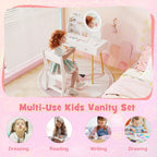 HONEY JOY Kids Vanity, Little Girls Vanity Set with Mirror and Stool and Lights, Drawers, Toddler Makeup Vanity Dressing Table, Wooden Pretend Play Kids Vanity Table and Chair Set (White)