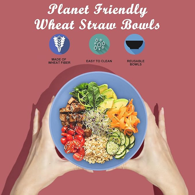 Wheat Straw Bowl Sets,6 PCS Unbreakable Cereal Bowl 36 OZ,Microwave and Dishwasher Safe Bowls,Kitchen Bowls for Serving Soup,Oatmeal and Salad （Sky Blue）