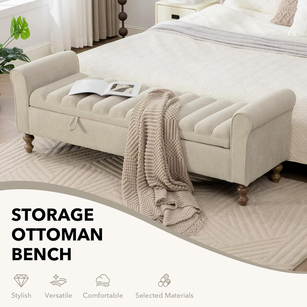 65" Oversize Storage Ottoman Bench, Fleece Upholstered End of Bed Benches with Rolled Armrest, Modern King Size Benches with Rolled Armrest, Window Bench (Griege+Single-Cover)