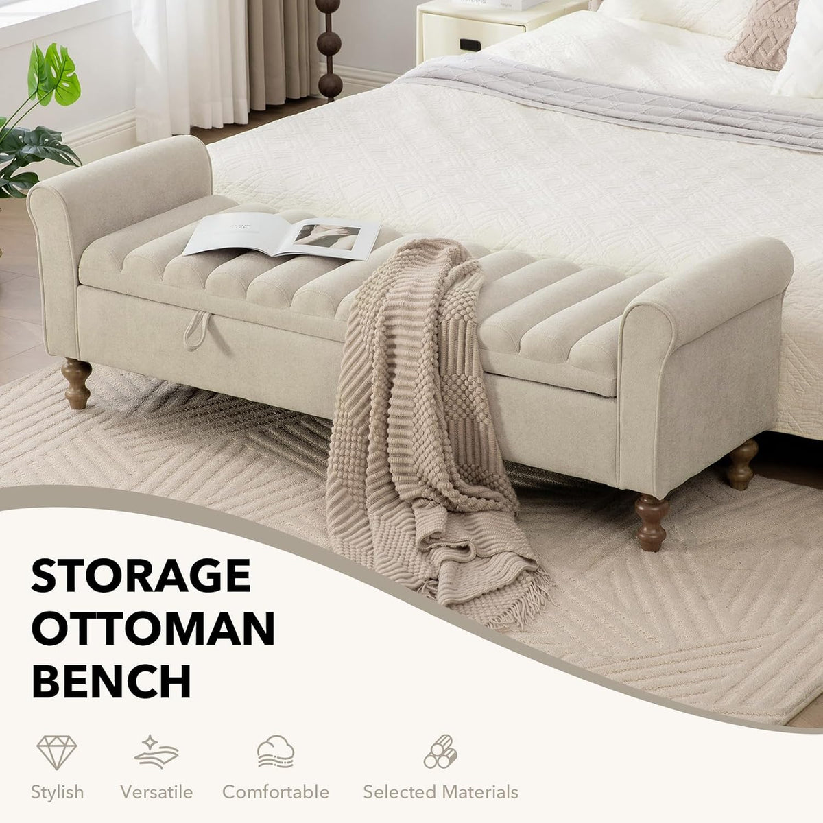 65" Oversize Storage Ottoman Bench, Fleece Upholstered End of Bed Benches with Rolled Armrest, Modern King Size Benches with Rolled Armrest, Window Bench (Griege+Single-Cover)