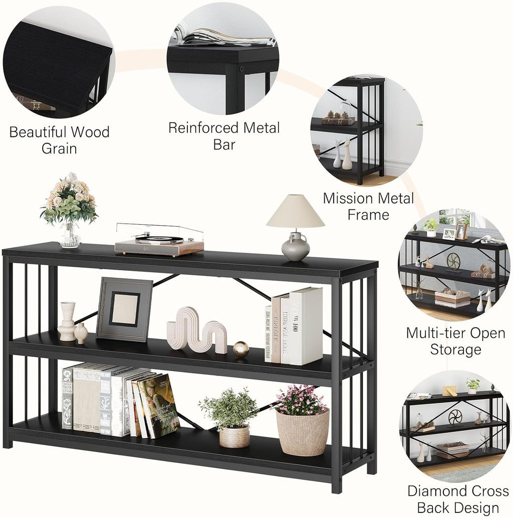 LVB Black Console Table, Modern Entryway Table, Black Oak, 55 in | Industrial Sofa Tables Behind Couch for Hallway Living Room, Farmhouse Wooden Metal Tables with 3-Tier Storage Shelves