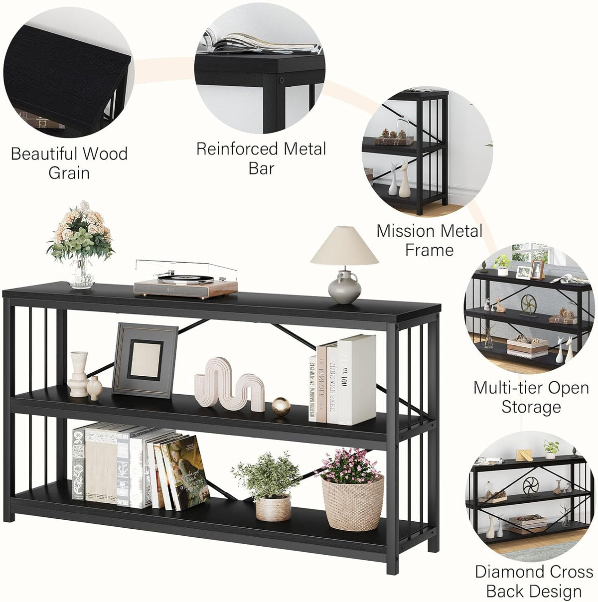 LVB Black Console Table, Modern Entryway Table, Black Oak, 55 in | Industrial Sofa Tables Behind Couch for Hallway Living Room, Farmhouse Wooden Metal Tables with 3-Tier Storage Shelves