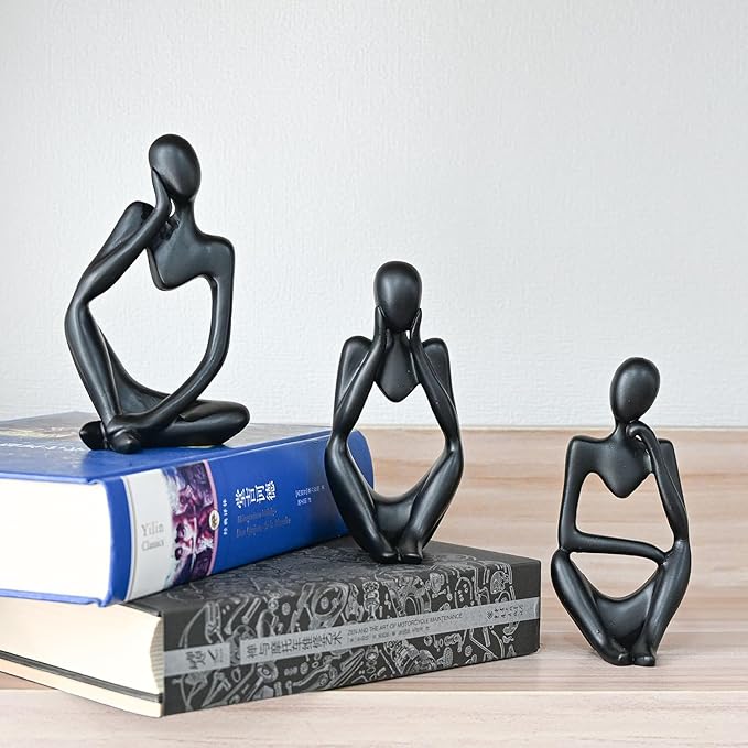 BOPART 3Pcs Thinker Statues Black Decor for Home, Office or Living Room, Resin Black Figurines Sculptures for Floating Shelf, Coffee Table Decoration
