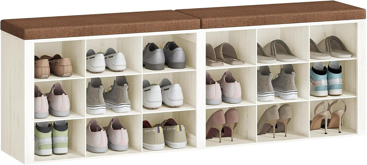 Hzuaneri Shoe Storage Bench with Cushion, Entryway Storage Bench with 18 Cubbies, 9.5" Widened Organizer Cabinet, Long Cubby Rack for Living Room, Bedroom, Entryway, White and Brown SB25714KA