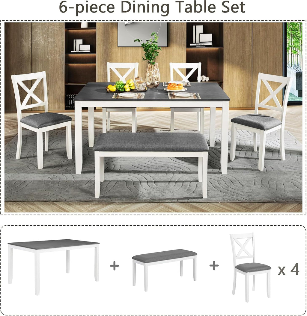 Merax 6-Piece Farmhouse Dining Table Set with Chairs and Bench, Wood Kitchen Table Set for 4-6, Rectangular Kitchen Dining Table for Dining Room, Kitchen, Small Apartment, White