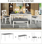 Merax 6-Piece Farmhouse Dining Table Set with Chairs and Bench, Wood Kitchen Table Set for 4-6, Rectangular Kitchen Dining Table for Dining Room, Kitchen, Small Apartment, White