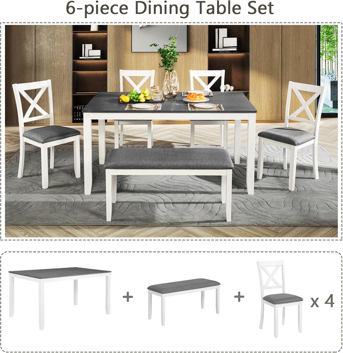 Merax 6-Piece Farmhouse Dining Table Set with Chairs and Bench, Wood Kitchen Table Set for 4-6, Rectangular Kitchen Dining Table for Dining Room, Kitchen, Small Apartment, White