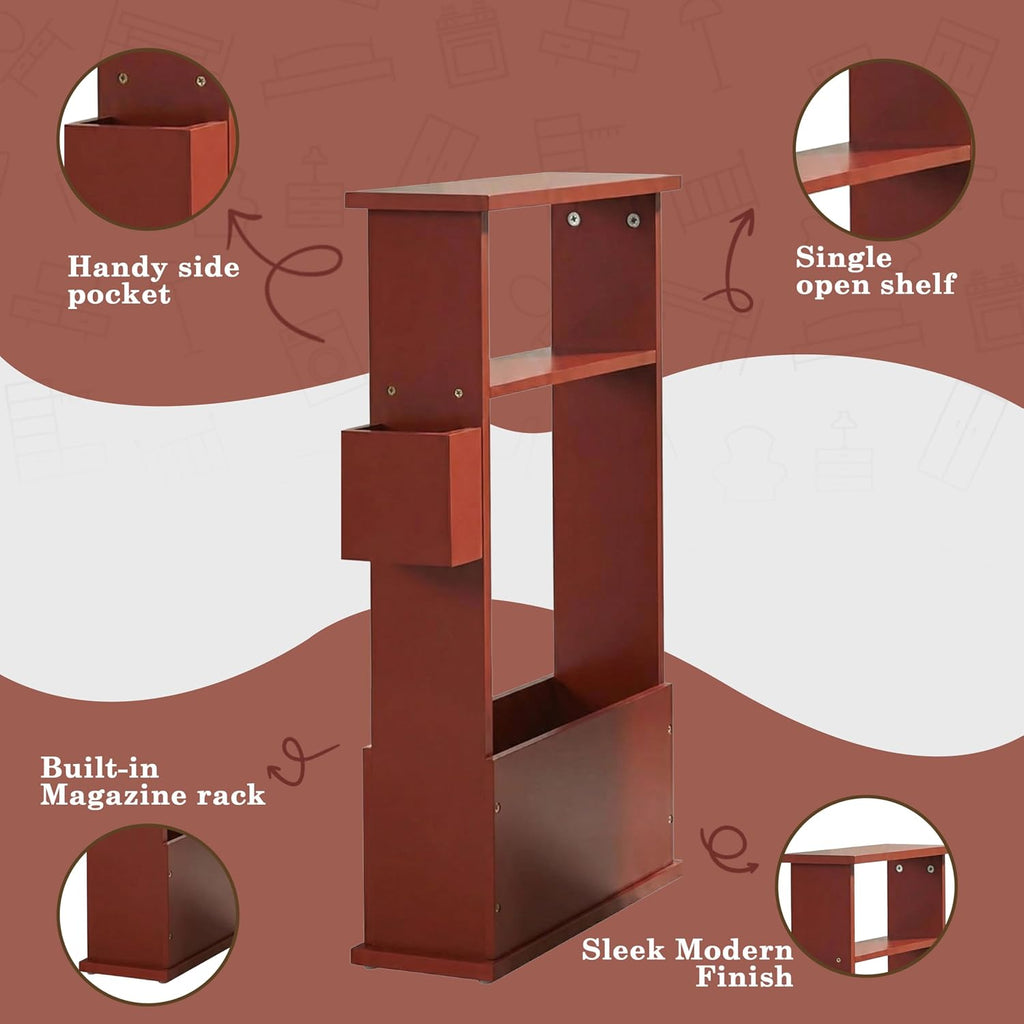 Kings Brand Furniture Narrow Side Table with Storage Shelf, Slim End Table with Magazine & Remote Holder, Small Space Bedside Table for Living Room or Bedroom, Red