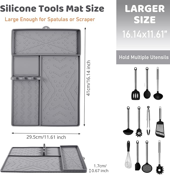 Griddle Mat Barbeque Grill Accessories Tools for Blackstone, Side Shelf Food-Grade Silicone Grill Mat, Spatula Silicone Mat with Drip Pad for Outdoor Grill Kitchen Counter - Grey
