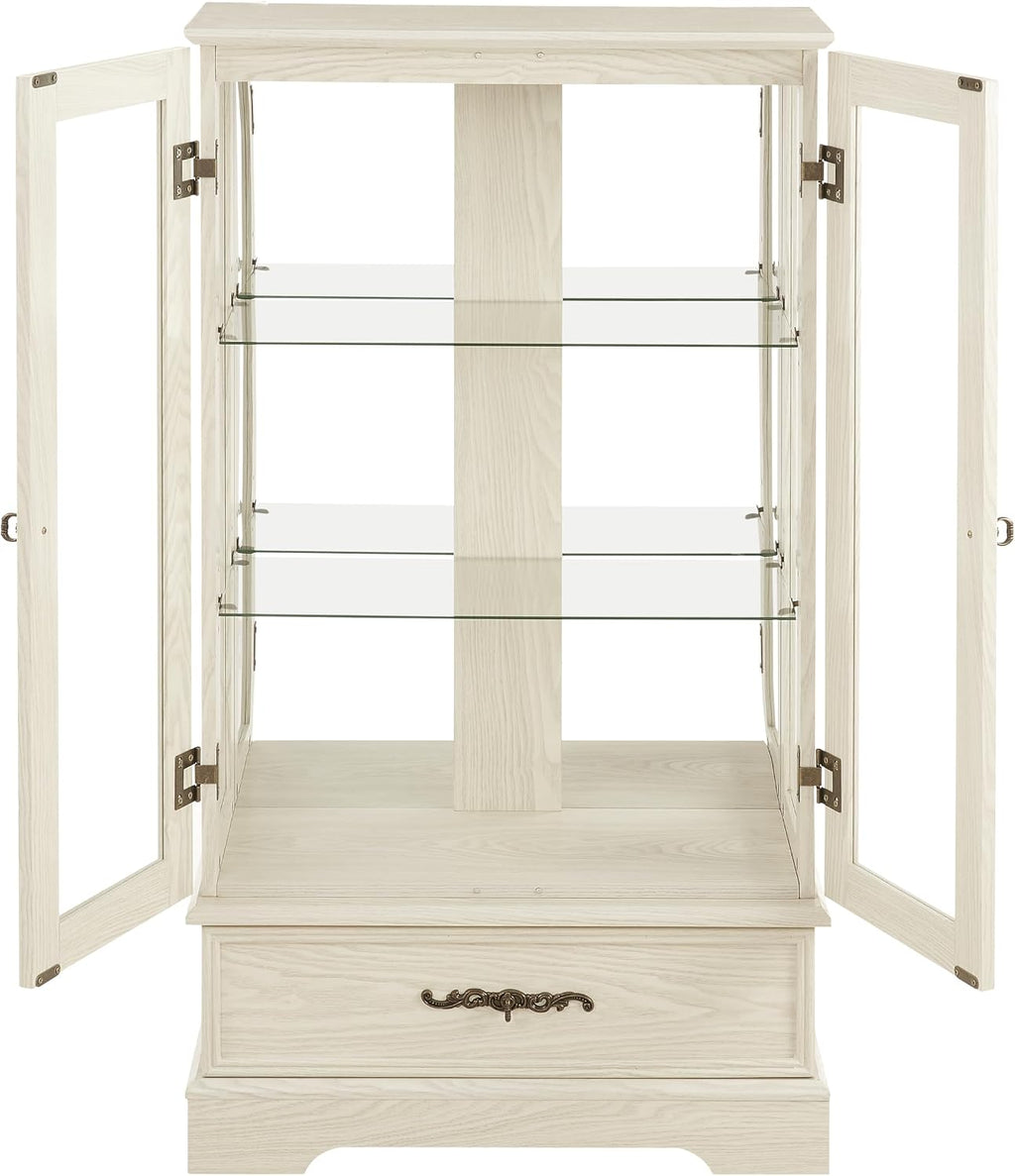 47" H Lighted Curio Cabinet Display Case, Glass Case with Adjustable Shelves,Tempered Glass Door and Drawer, Wooden Curio Cabinet with Mirrored Back Pane for Living Room (Antique White)