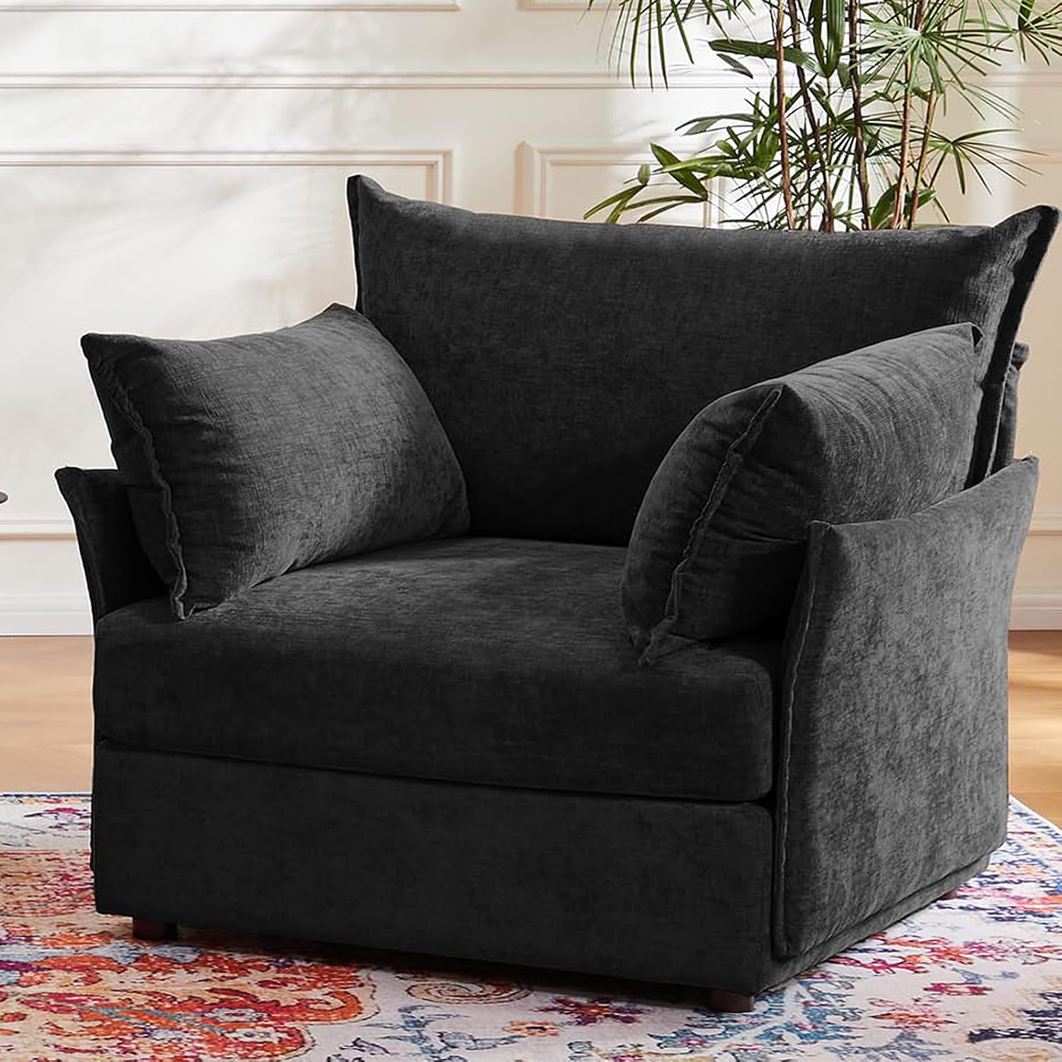 ABCASA Oversized Chenille Accent Chair,Washable Cover and Deep Seat,Black | Extra Wide Seat and Washable Cover,with Fluffy Pillows and Soft Cushions,Reading Chairs for Living Room,Bedroom,Pet-Friendly
