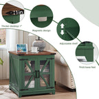 Joaxswe Farmhouse End Table, 24" Large Sofa Side Table with Charging Station Glass Barn Door, Wood Nightstand with Adjustable Storage Shelf, Square Bedside Table for Living Room, Bedroom, Office-Green