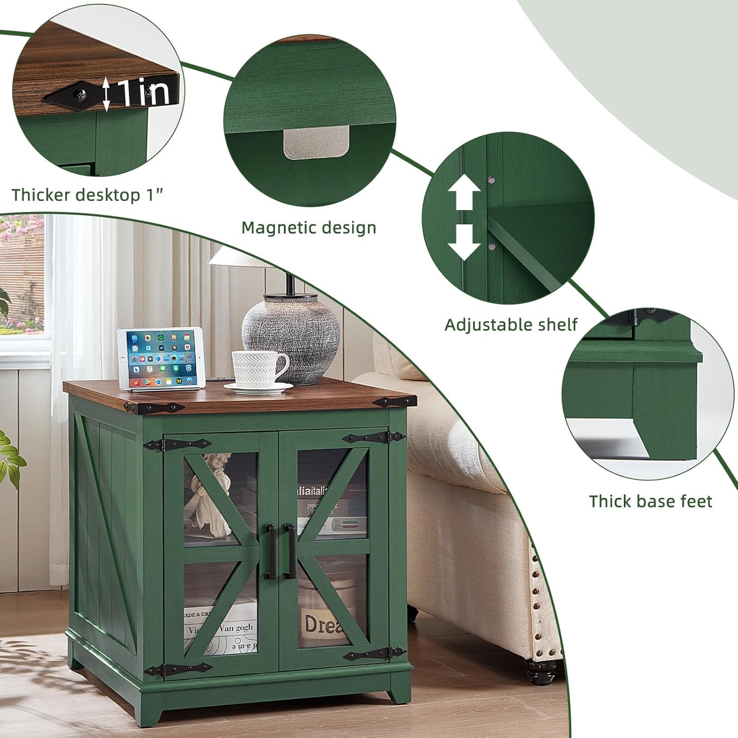Joaxswe Farmhouse End Table, 24" Large Sofa Side Table with Charging Station Glass Barn Door, Wood Nightstand with Adjustable Storage Shelf, Square Bedside Table for Living Room, Bedroom, Office-Green