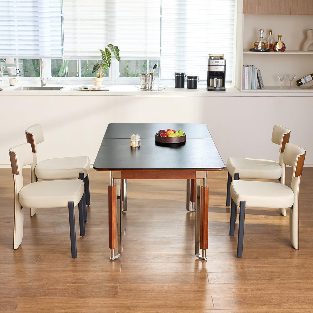 GrandNoor Beige Dining Chairs Set of 4,Faux Leather Dining Chairs with Soft Cushion,Comfortable Upholstered Armless Dining Room Chairs with Curved Plywood Back