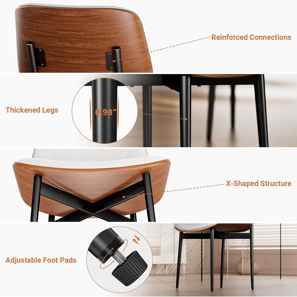 YaFiti Dining Chairs Set of 2, Mid Century Modern PU Leather Kitchen Chairs | Ergonomic Walnut Backrest, Upholstered Waterproof Faux Leather Seat, Stable Metal Legs, Adjustable Footpads, White Scallop
