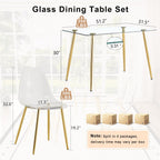 Ebullient Glass Dining Table Set for 6, 51" Clear Tempered Glass Table with Gold Chrome Metal Legs and 6 Transparent Acrylic Chairs, Compact Modern Kitchen Table Set for Small Space Dining Room
