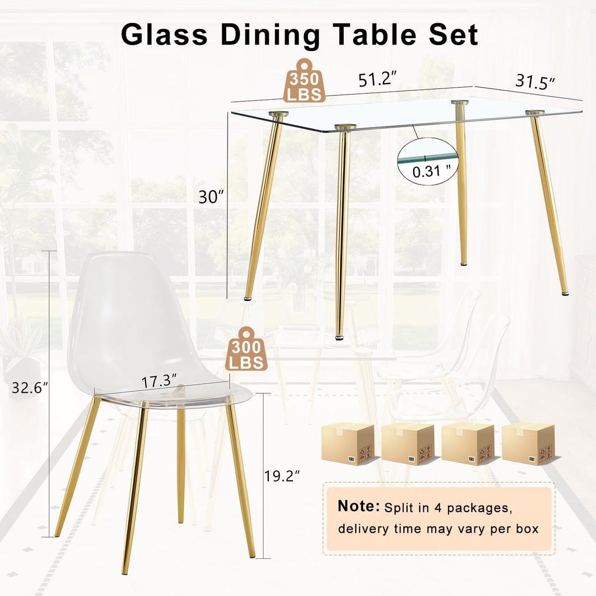 Ebullient Glass Dining Table Set for 6, 51" Clear Tempered Glass Table with Gold Chrome Metal Legs and 6 Transparent Acrylic Chairs, Compact Modern Kitchen Table Set for Small Space Dining Room