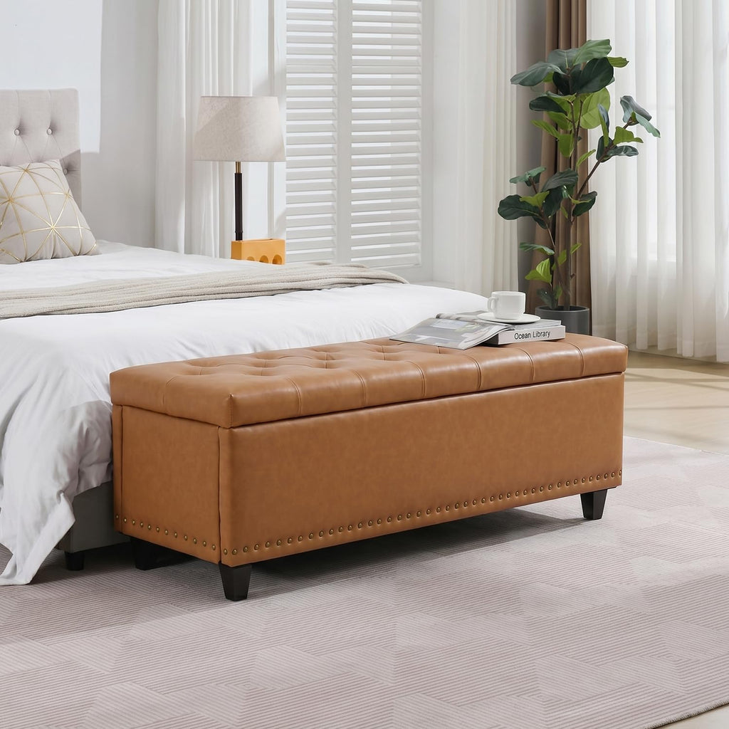 Tbfit 50.8" Ottoman with Storage, Button‑Tufted Bench with Safety Hinge and Rivets, Large End‑of‑Bed Storage Ottoman Bench for Bedroom, Living Room, Entryway, Camel PU