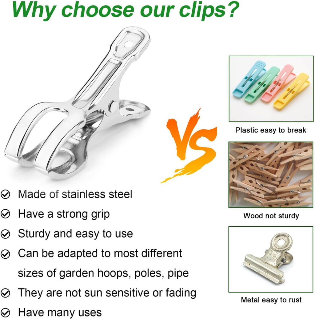 Upgrade Large Garden Clips, Stainless Steel Greenhouse Clamps for 3/4'', 1'', 2'' Pipes, Strong Grip Garden Clamps for Greenhouse Hoop, Heavy Duty Row Cover Clips for Netting, 24PCS