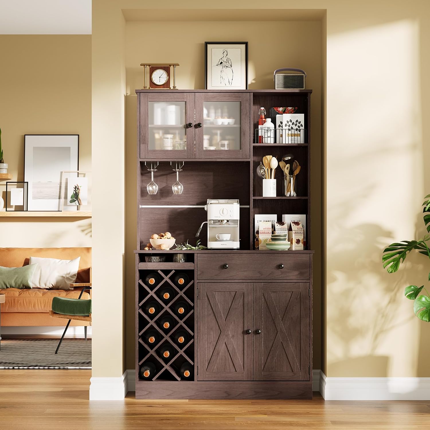 71-Inch Kitchen Hutch Cabinet with Storage, White & Light Walnut Top, Acrylic Double Doors, Pantry Organizer for Dining Room & Kitchen Storage