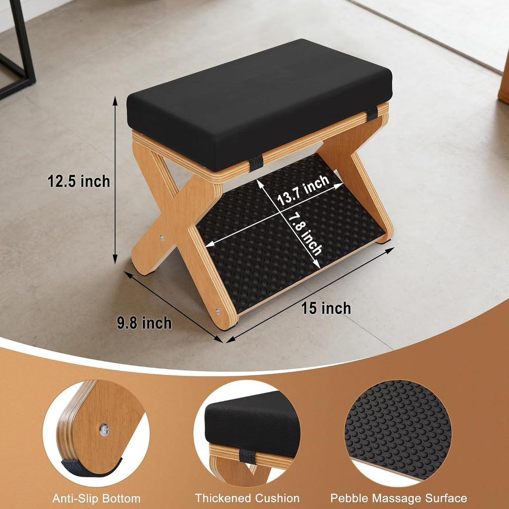 Wood X-Legs Small Ottoman Foot Stool, Sturdy and Anti-Slip Padded Footrest | Multi-function Foot Stool with Pebble Massage Surface & Non-Slip Foot Pads, Seat Footrest for Office, Bedroom & Living Room