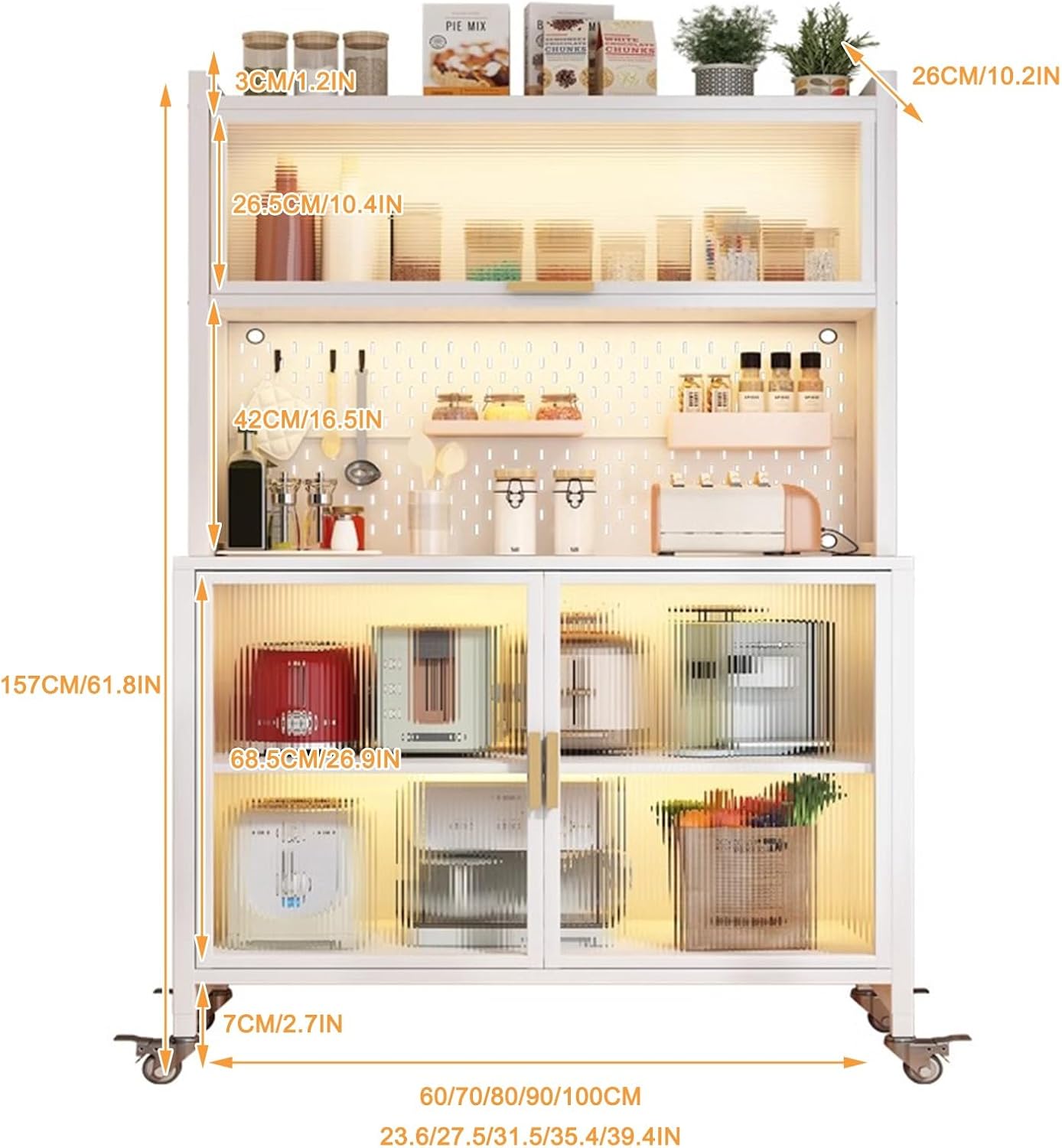 Kitchen Storage Cabinet, Microwave Stand with Flip-up Doors, Kitchen Pantry Storage Cabinet with Rolling Wheels, DIY Backplane, Tall Cupboard for Kitchen, Living Room, Dining Room(White,80*42