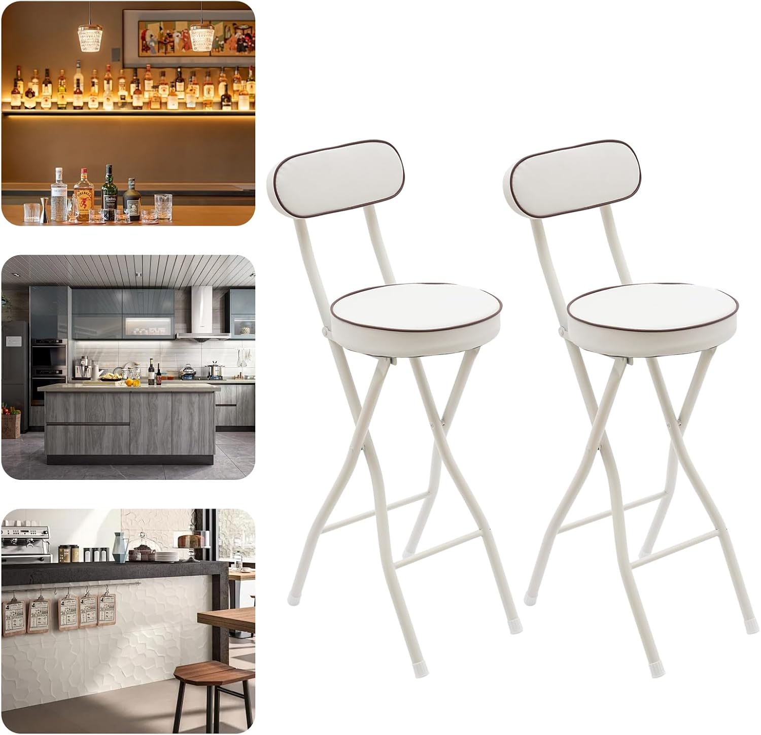 Folding Bar Stool with Back, 2 Pack Backest Tall Foldable Stool har with Cushioned Padded Portble Collasible Counter Height Chai for Kitchen Island Shop Cafe Dining Room (White)