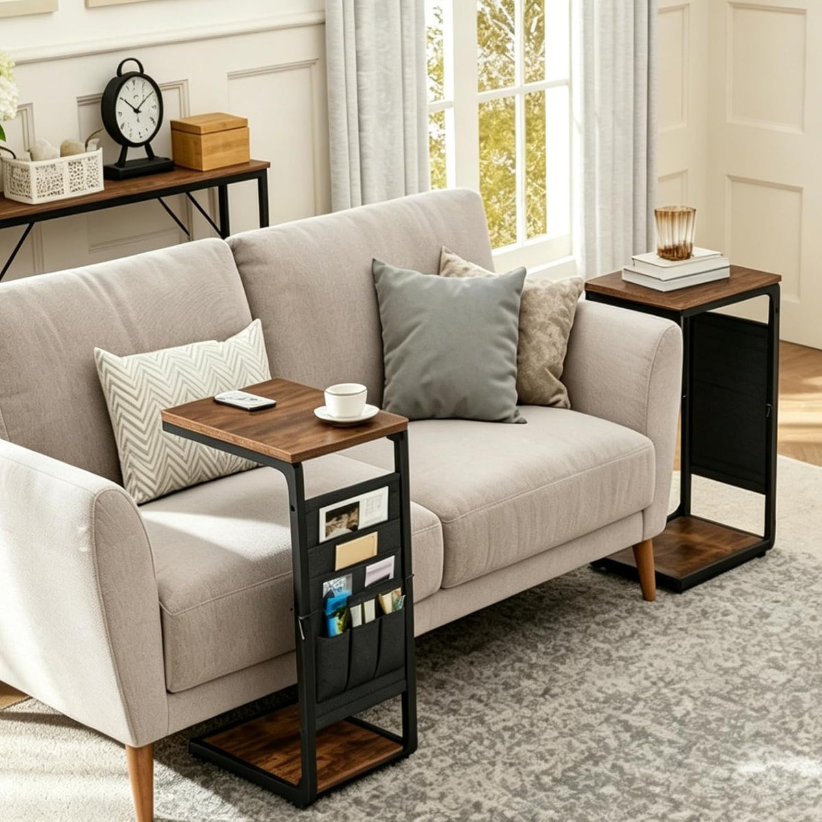 Wood Pedestal TV Trays for Eating on Couch Tables that Slide Under, Dinner Food Drink C Shaped End Sofa Side Table Stand, Small TV Tray Tables for Couches Over Recliner Chair Arm, Living Room ET-P-BR1