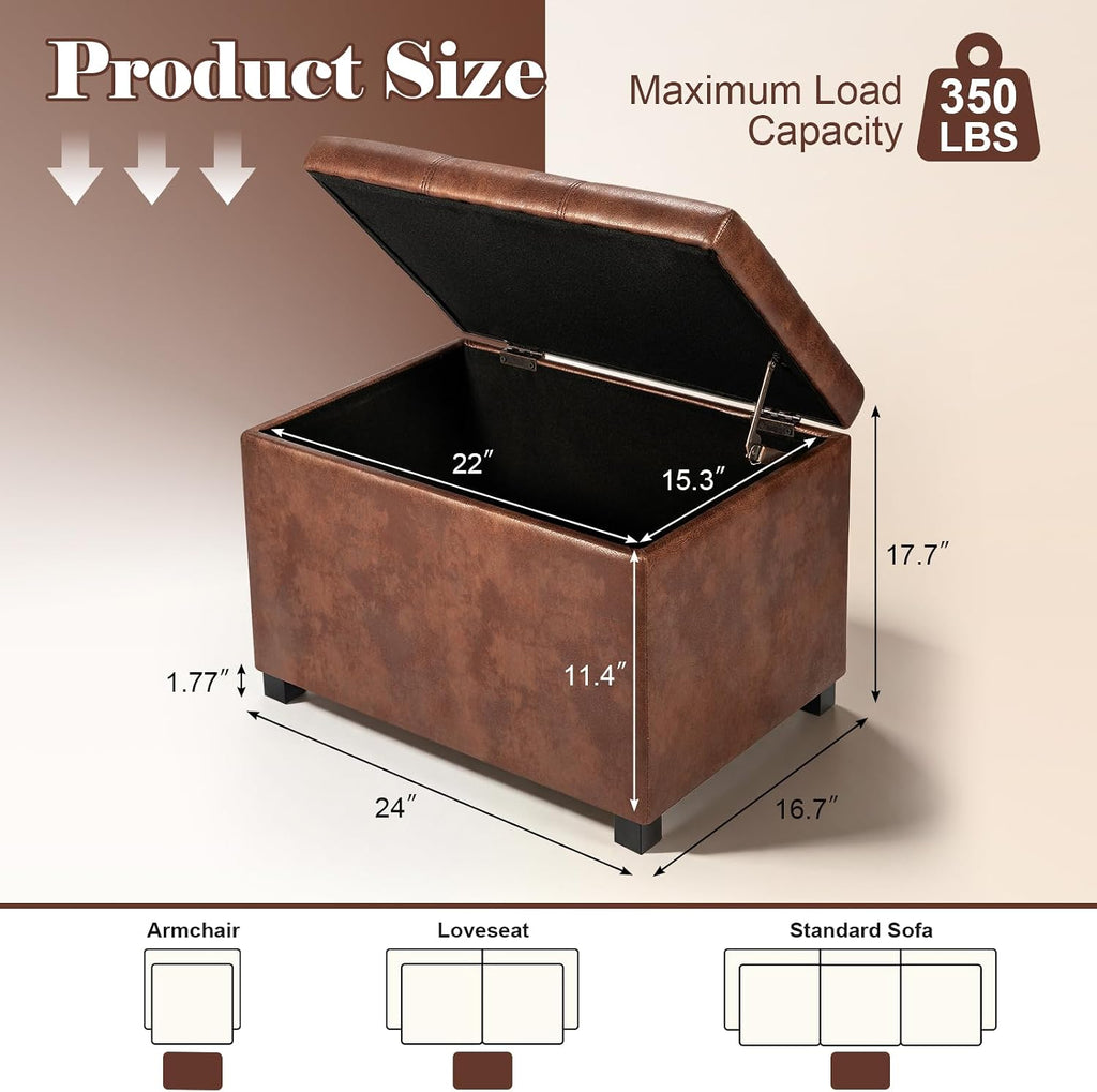 Joveco 24" Leather Storage Ottoman Bench, Rectangle Foot Rest Stool for Living Room, Bedroom, Entryway, Coffee