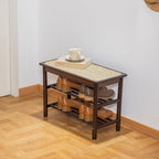 Bamboo Entryway Bench with Woven Rattan Seat, 2-Tier Shoe Storage Bench for Hallway & Entryway, 23.62 inches Walnut