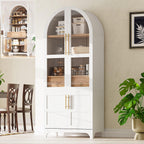 71" Tall Storage Cabinet with Arched Glass Doors, Pantry Cabinet with Solid Doors & Adjustable Shelves, Freestanding Kitchen Display Cabinet for Dining Room, Living Room (White)
