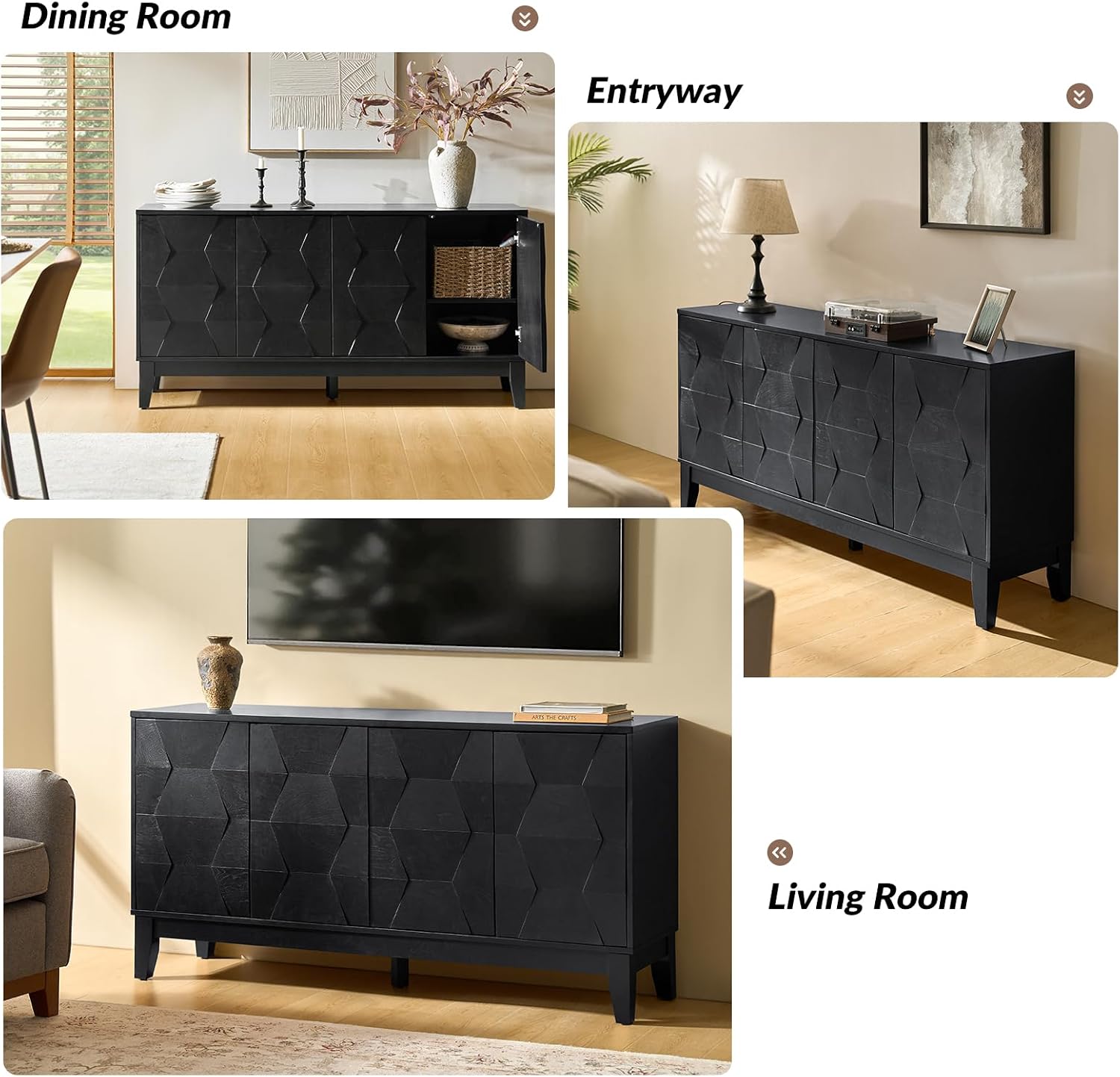 HULALA HOME Mid Century Sideboard Buffet Cabinet with Solid Wood Legs, 60" Kitchen Storage Cabinet Credenza with 4 Doors and 2 Shelves, Accent Console Table (Black)