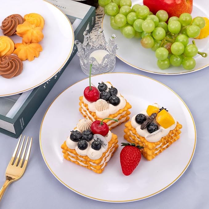 Festiva 50Pcs Gold Plastic Plates - 9 Inch White Plastic Plates with Gold Rim - Disposable Dinner Plates - include 50 salad&pasta Plate Perfect for Party&Wedding&Thanksgiving &Christmas
