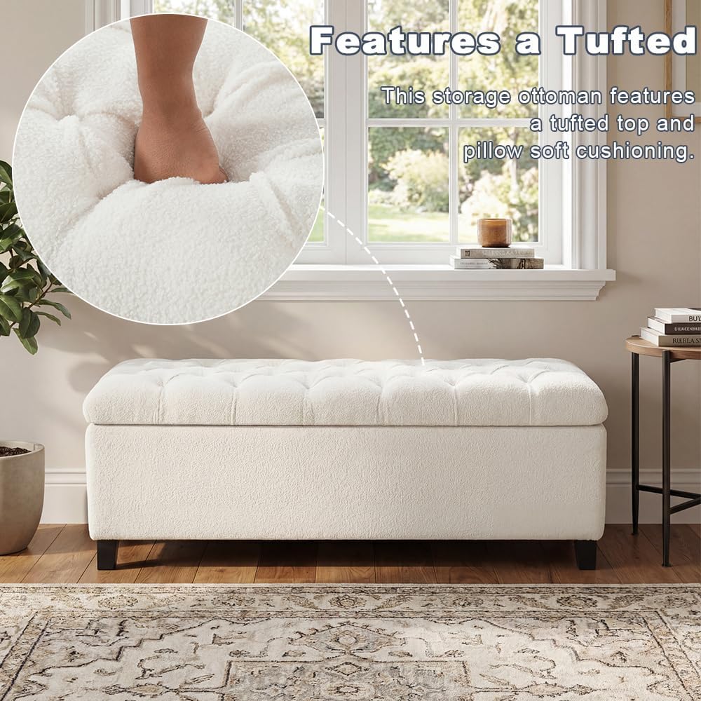 Storage Bench End of Bed, White Boucle Storage Ottoman Bench with Pressure Hinges, Foot Rest with Rubber Wood Legs, Button Tufted Ottoman with Storage for Living Room, Bedroom, Entry Ways & Window
