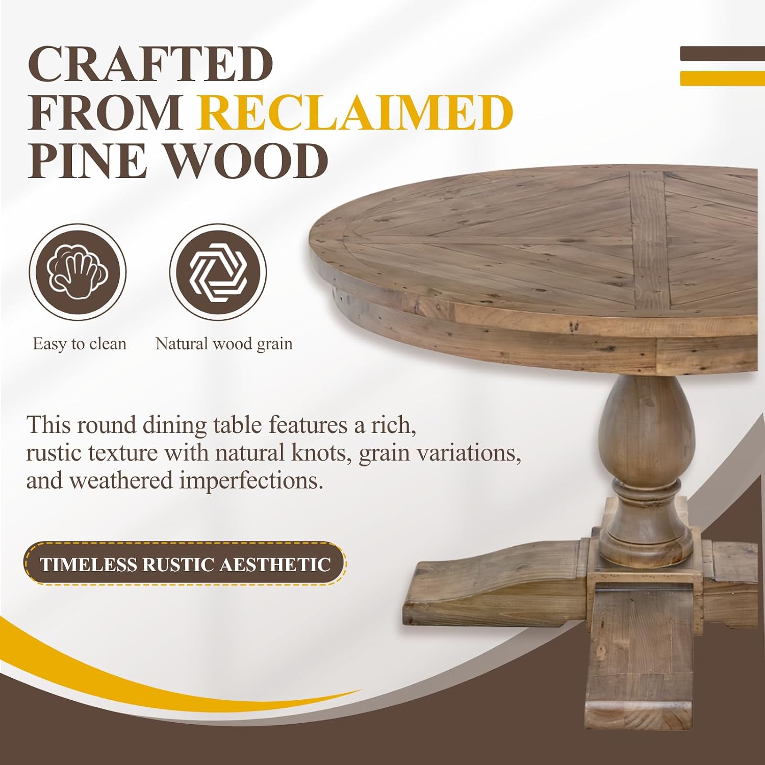 47" Round Dining Table with Wooden Pedestal Base, Antique Pine Wood Dinner Table for 4, Heavy Duty Pedestal Table for Kitchen/Dining Room/Living Room/Restaurant, Walnut