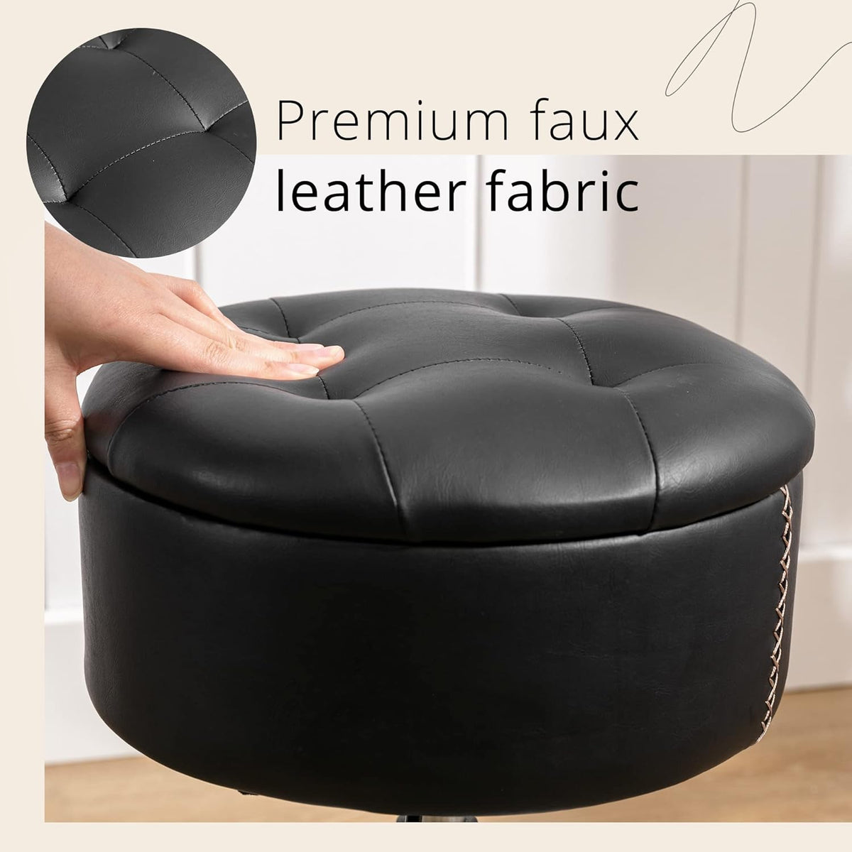 LUE BONA 360°Swivel Vanity Stool Chair for Makeup Room, Height Adjustable Stool for Vanity with Storage, Small Black Faux Leather for Bathroom, Living Room