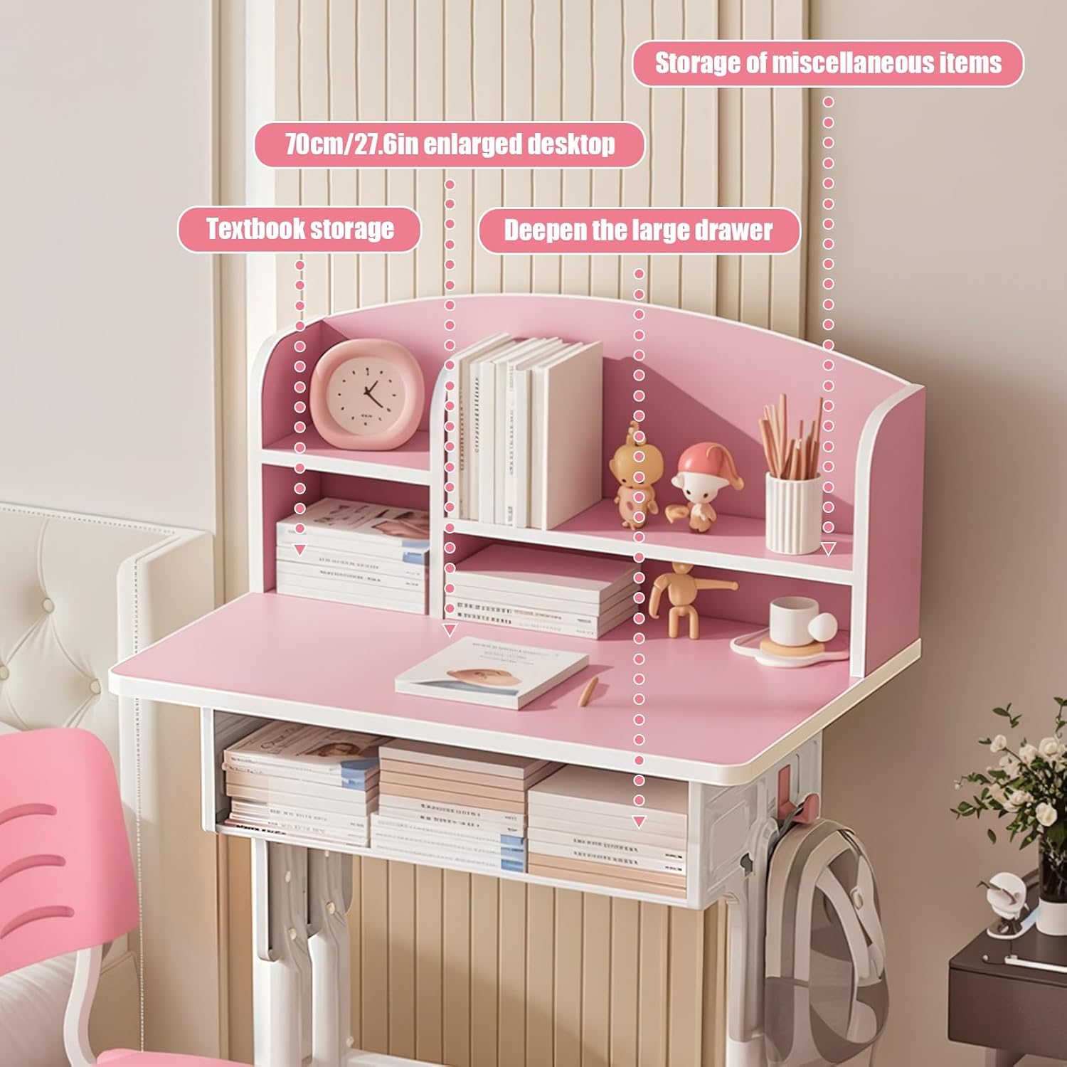 1 Set Kids Desk Chair Set, Height Adjustable Children School Study Table Chair Sets with Storage Drawer, Ergonomic Desk Chairs with Book Stand, Partition Design Pink 70 cm