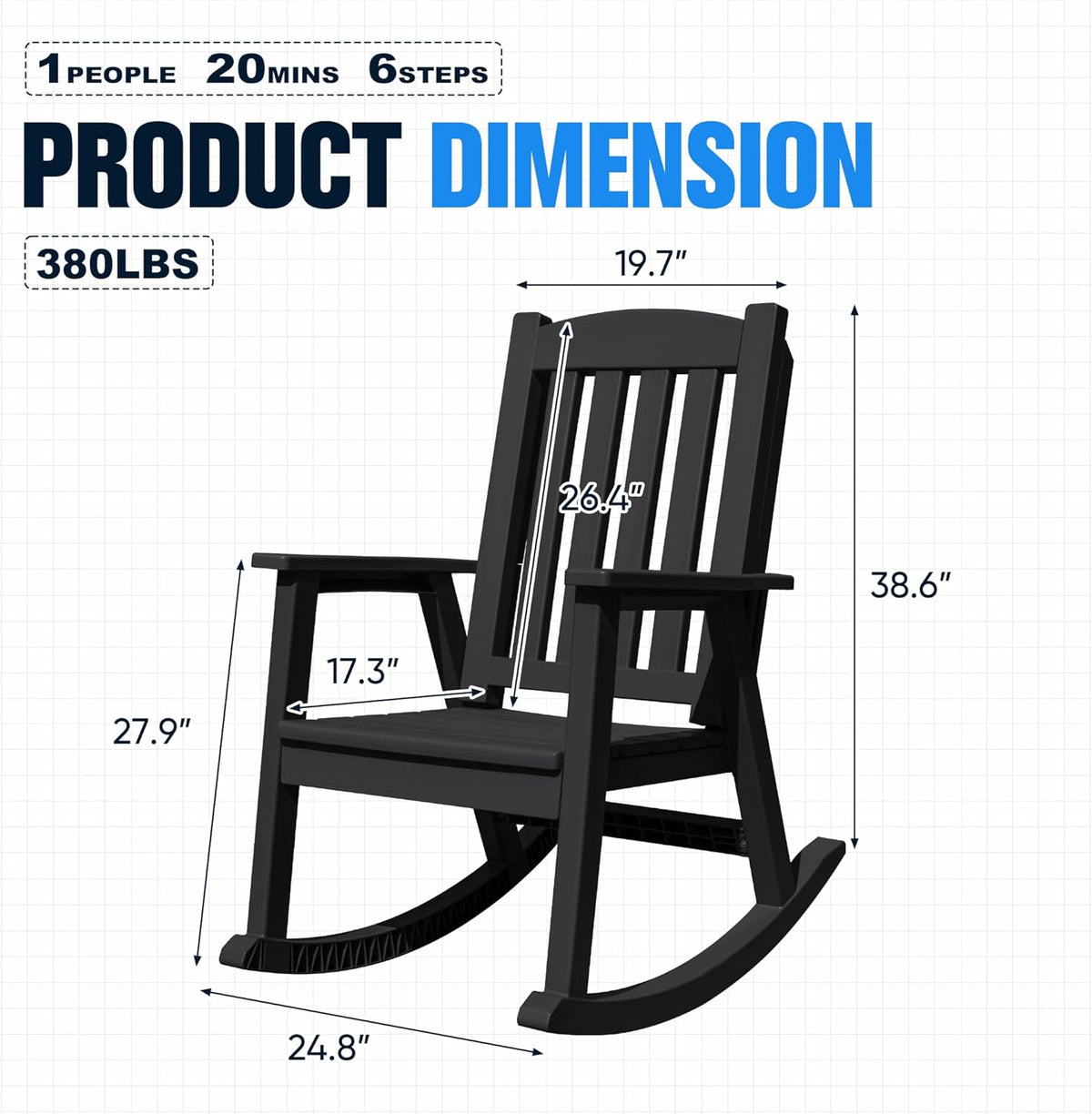 Devoko PP Material Rocking Chair Outdoor Indoor All Weather High Back Patio Rocker for Adult Heavy Duty Rocking Chair for Patio Backyard Porch Garden (Heavy Duty, Black)