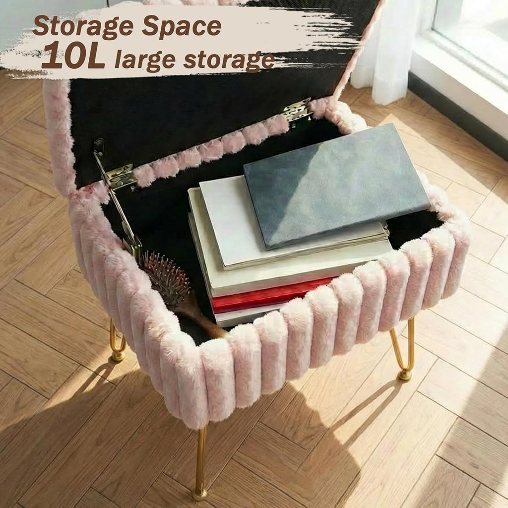 EBENCHICO Vanity Stool Chair with Storage, Faux Fur Stools for Vanity | Makeup Ottoman, Foot Stool, with 4 Metal Legs, Adjustable Feet, Small Vanity Bench, for Living Room Bedroom, Pink