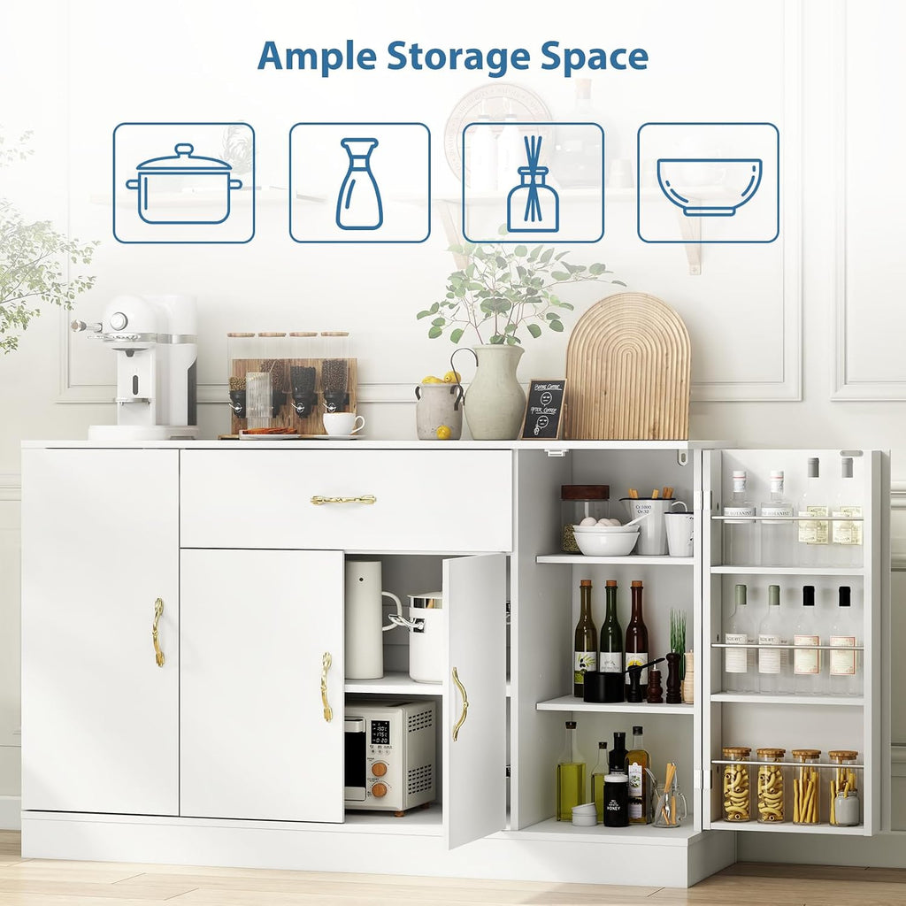 55" Kitchen Pantry Cabinet, Large Storage Cupboard with Doors and Shelves, White Kitchen Storage Cabinet with Drawer, Versatile Buffet Sideboard for Dining Room and Craft Room