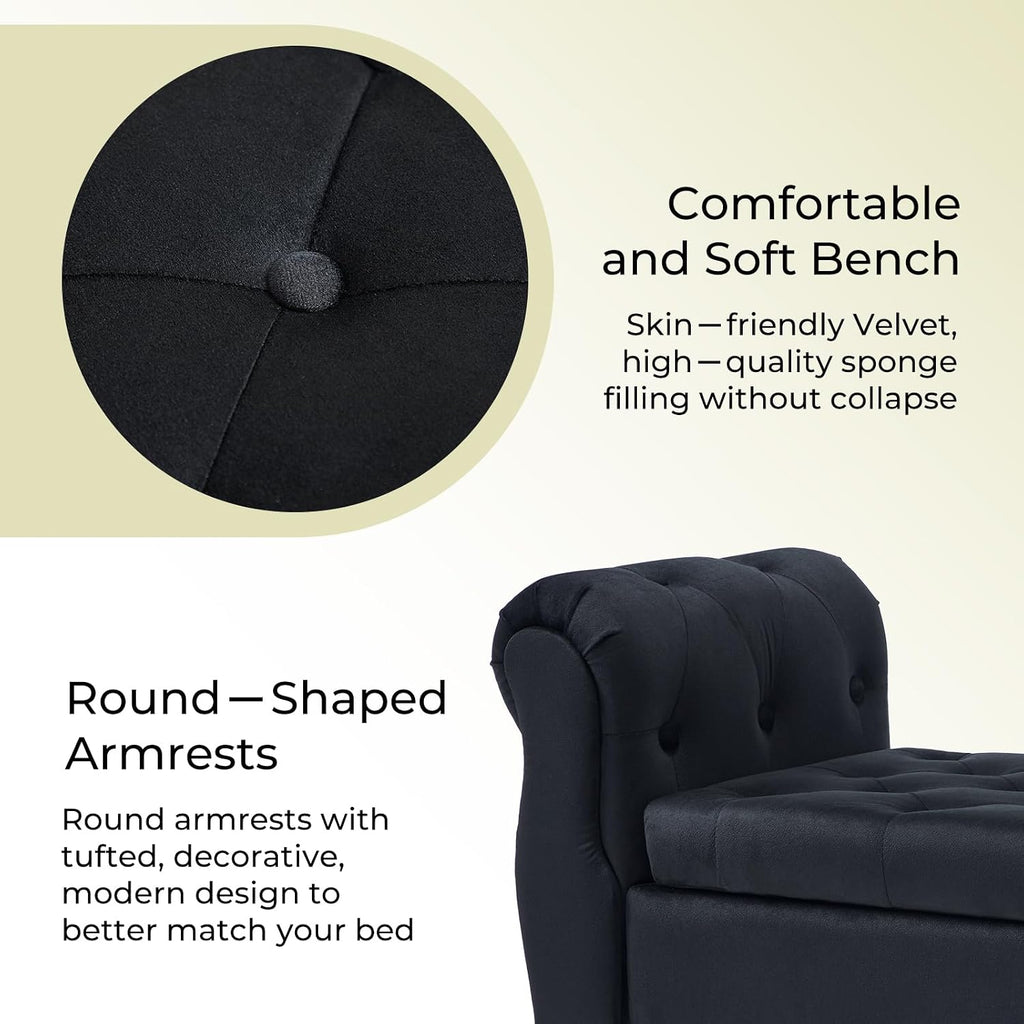 Velvet Upholstered Storage Bench with Arms and Wooden Legs, 47.6" Modern Button Tufted Bench for Bedroom End of Bed, Upholstered Living Room Entryway Sitting Window Benches for Hallway, Black