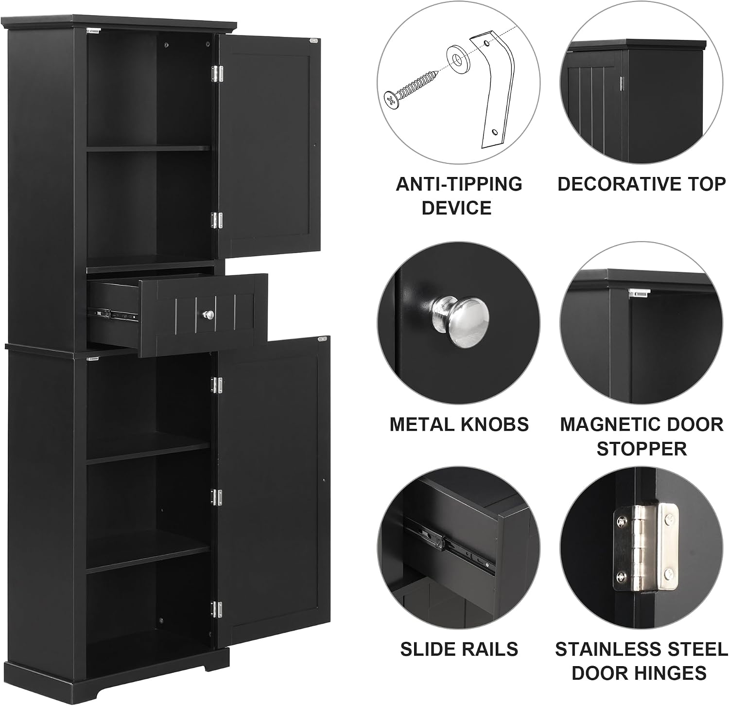 Merax 67.3" Pantry Cabinet with Three Doors & One Drawer, Adjustable Shelves Storage Cupboard for Kitchen/Dining Room/Bathroom, Black