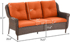 Patio Couch Outdoor Wicker Sofa - Heavy Duty All-Weather Brown Rattan 3-Seater with High Back and Comfy Thick Cushions for Garden Back Porch Poolside Apartment - Orange