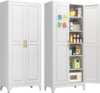 Polup 75" Pantry Cabinet, Tall Metal Storage Cabinet with Doors and Shelves | White Kitchen Cabinet, 5 Adjustable Shelving, Heavy-Duty Steel, Gold Handles, 4 Standing Feet, for Garage Office & Laundry
