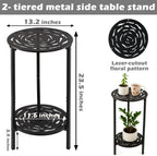 2-Tier Metal Round Side Table Black Accent Coffee Tables Small Space Corner Plant Stand Shelf for Indoor Outdoor Use Patio Balcony End Table Laser-Cut Floral Pattern Weather-Resistant