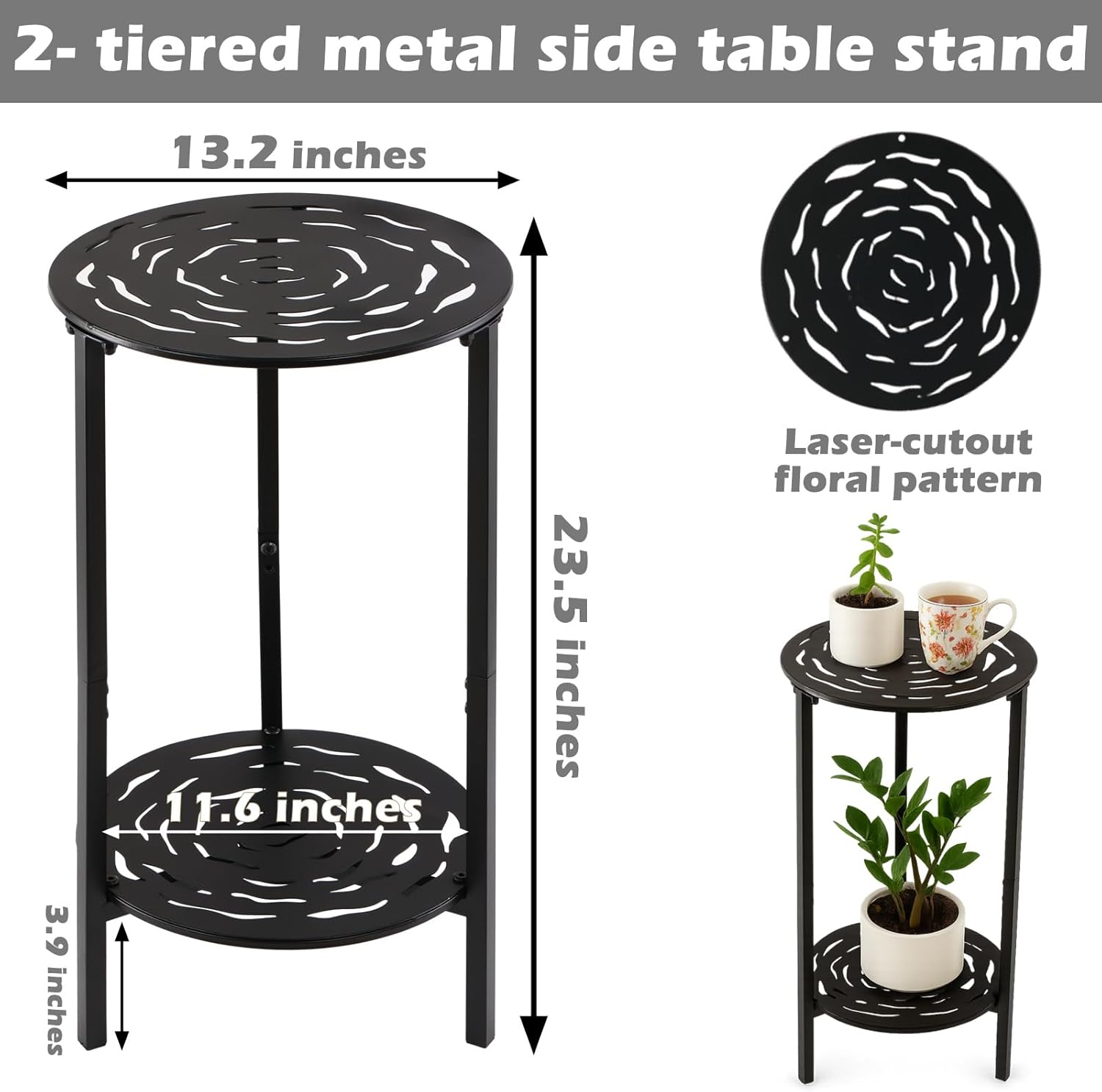 2-Tier Metal Round Side Table Black Accent Coffee Tables Small Space Corner Plant Stand Shelf for Indoor Outdoor Use Patio Balcony End Table Laser-Cut Floral Pattern Weather-Resistant